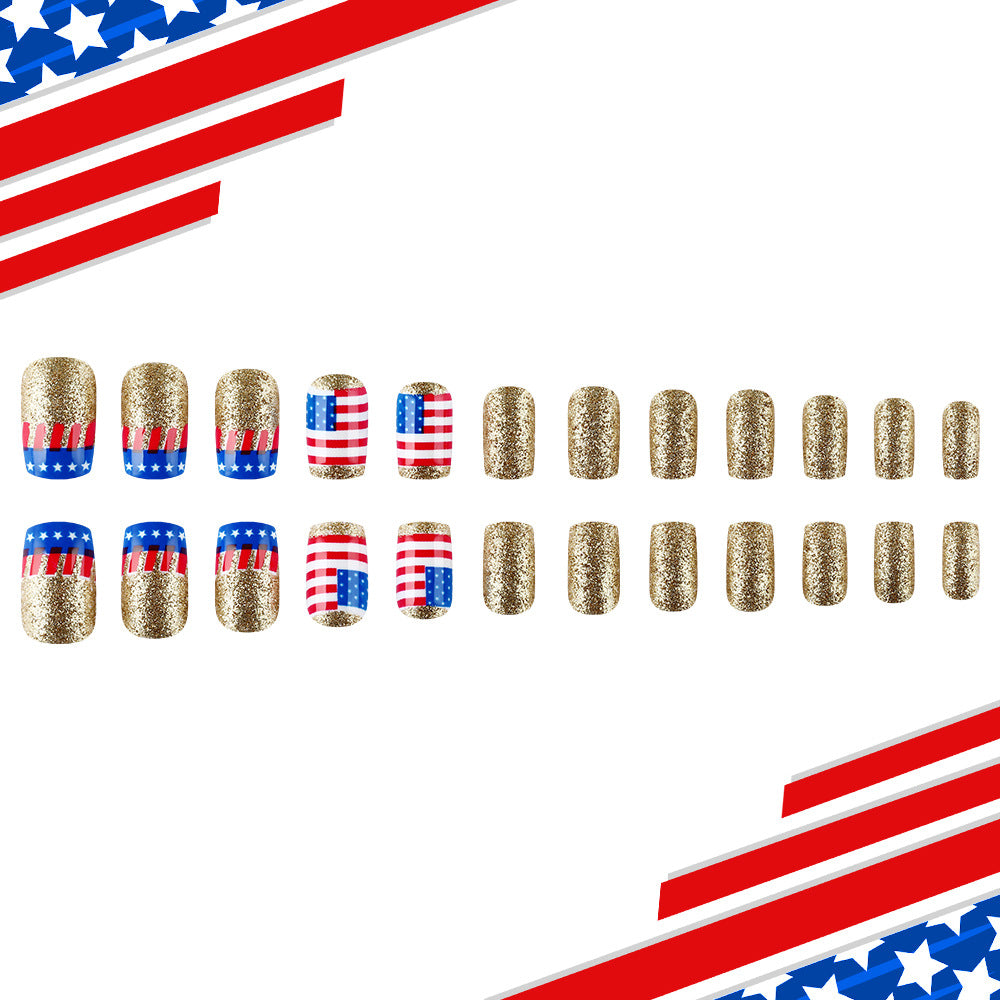 Patriotic Glamour Press On Nail Set with Medium Square Glittery Gold and American Flag Design