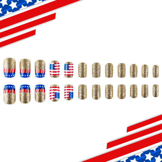 Patriotic Glamour Press On Nail Set with Medium Square Glittery Gold and American Flag Design