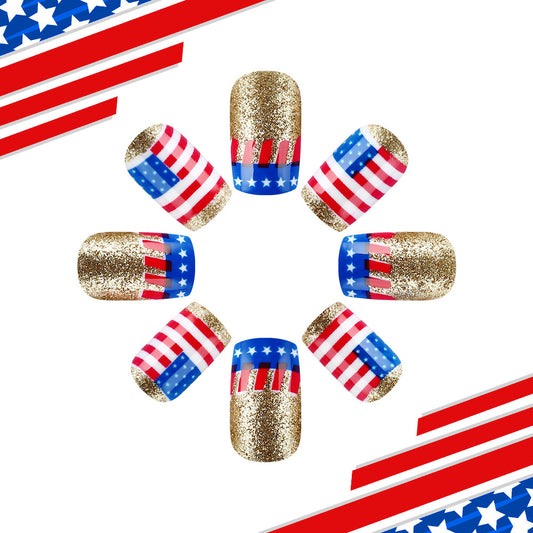 Patriotic Glamour Medium Square Red White and Blue Glitter Press On Nail Set