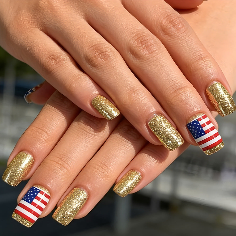 Patriotic Glamour Long Square Gold Glitter Press On Nail Set with Unique Flag Design