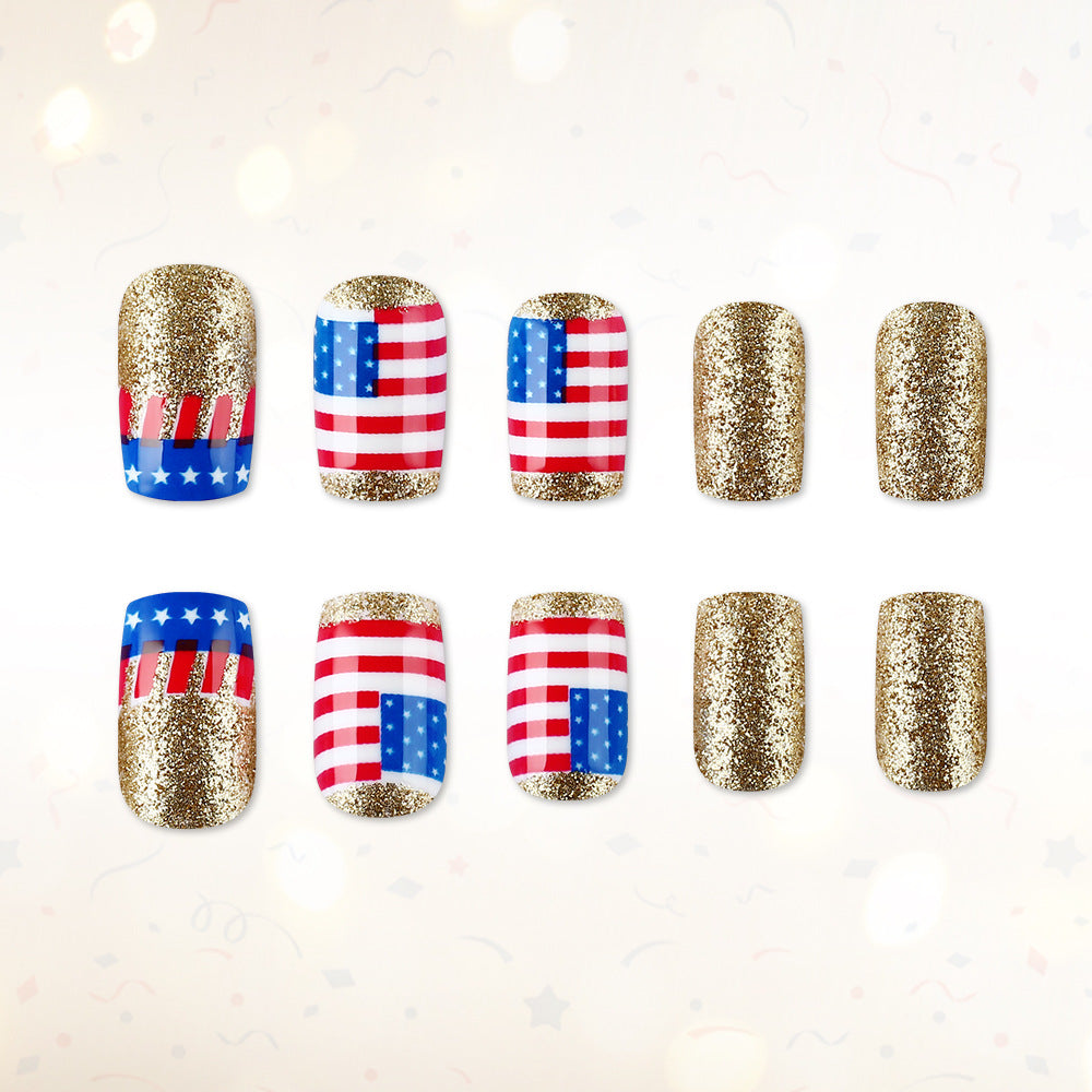Patriotic Sparkle Glamour Medium Square Red White and Blue with Glittering American Flag Design Press-On Nail Set