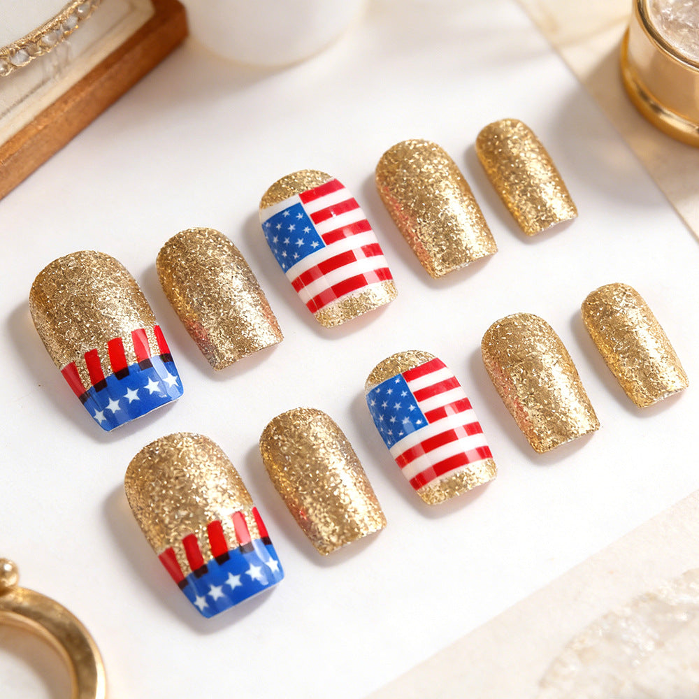 Patriotic Glamour Golden Medium Square Press On Nail Set with Sparkling Glitter and Bold Flag Design