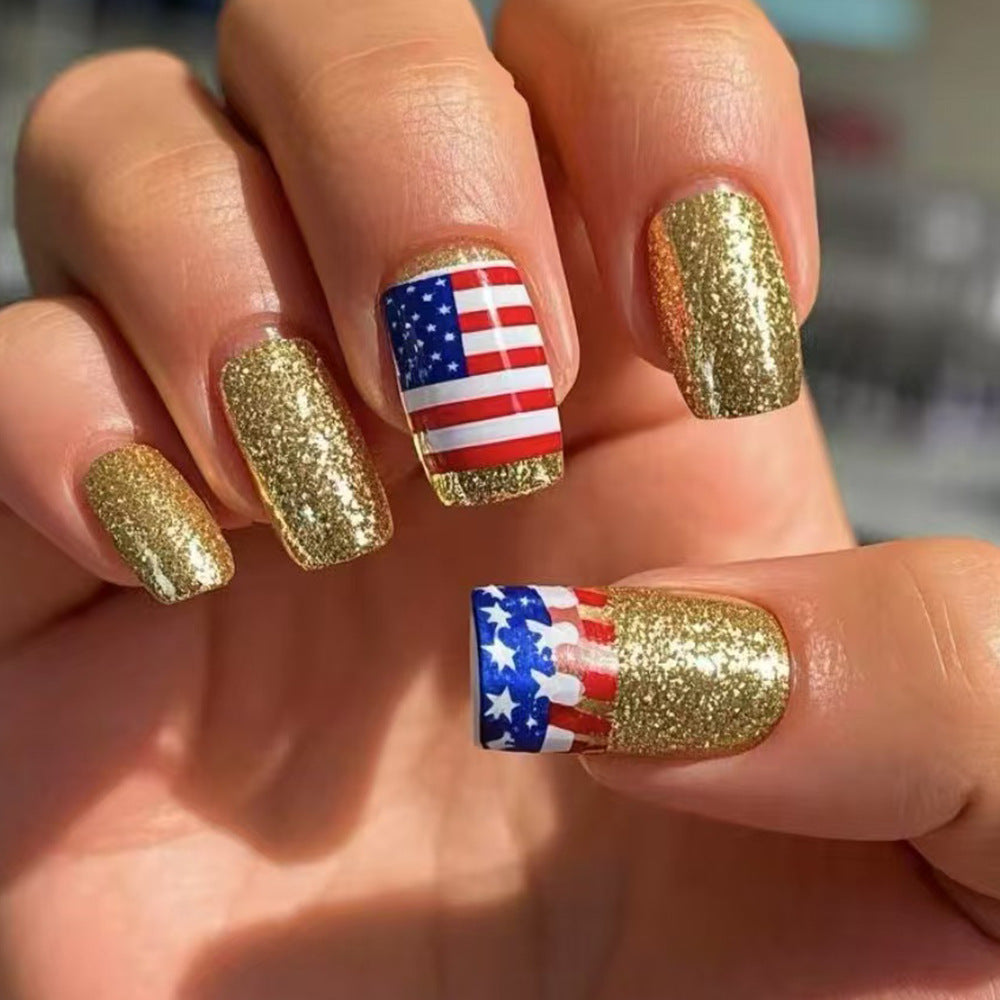 Patriotic Glamour Medium Square Gold Glitter Press On Nail Set with USA Flag Design