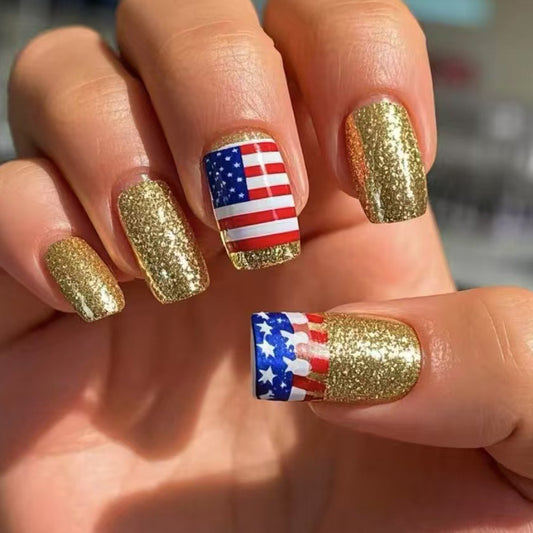 Patriotic Glamour Medium Square Gold Glitter Press On Nail Set with USA Flag Design