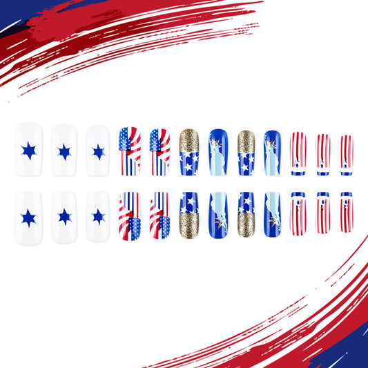 Patriotic Celebration Bold Long Square White and Blue Stars with Striking Glitter Accents Press on Nail Set