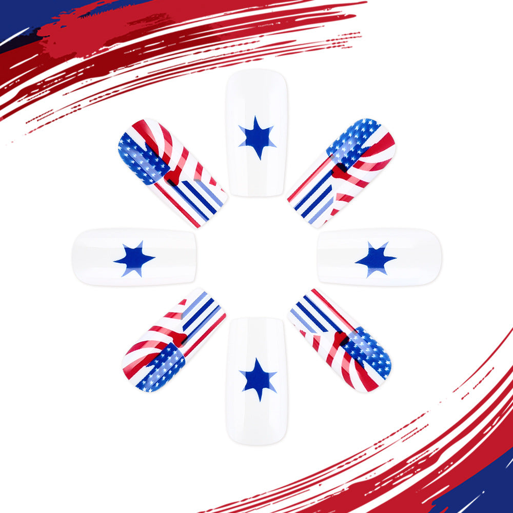 Patriotic Glamour Long Square White and Blue Star Pattern Press-On Nail Set