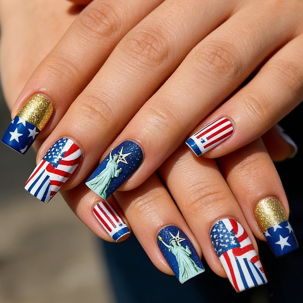 Patriotic Celebration Long Square Red Blue Gold Sparkle and Liberty Graphic Press On Nail Set