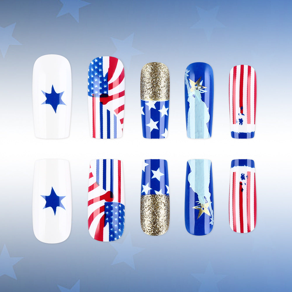 Patriotic Celebration Long Square White Blue Red Stars Glitter Press On Nail Set