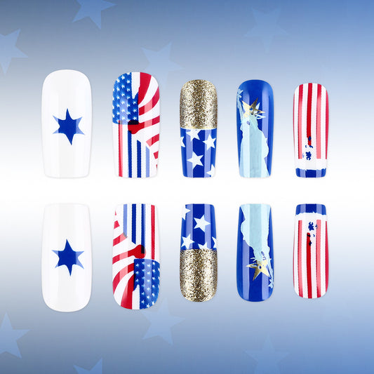 Patriotic Celebration Long Square White Blue Red Stars Glitter Press On Nail Set