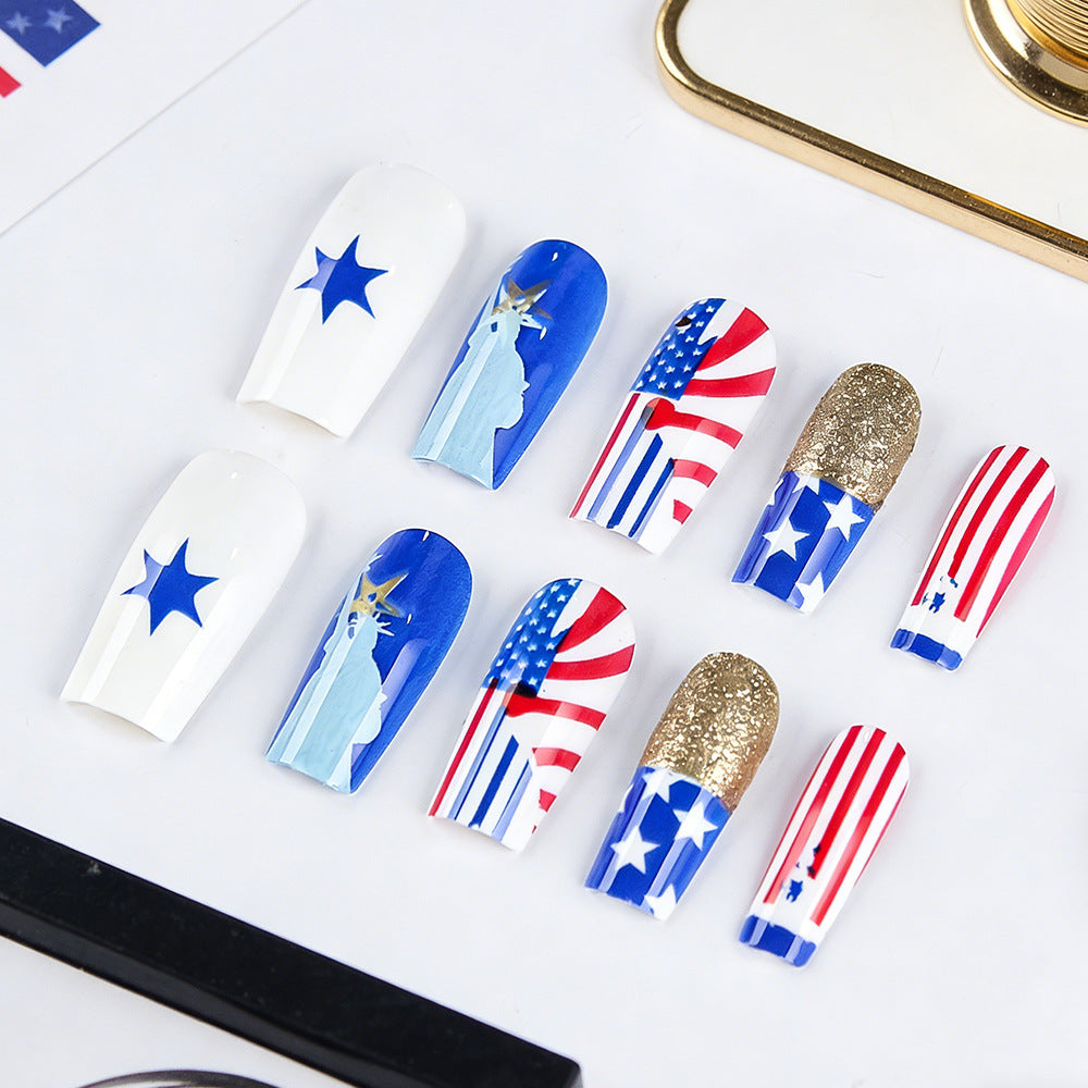Patriotic Delight Long Square White with Blue Stars and Golden Glitter Accent Press On Nail Set