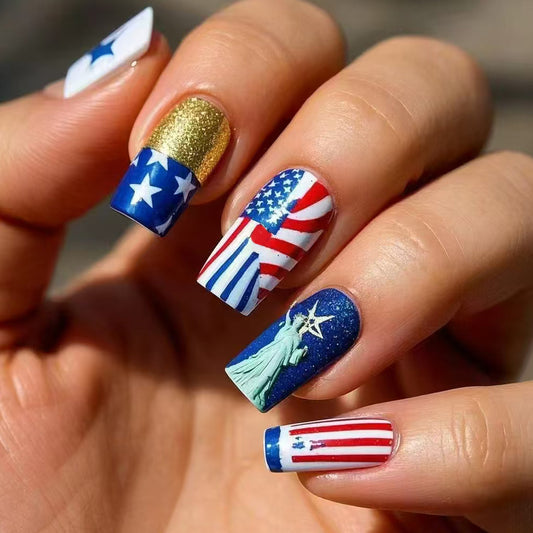 Patriotic Celebration Long Square Blue Red White with Statue of Liberty Design Press On Nail Set