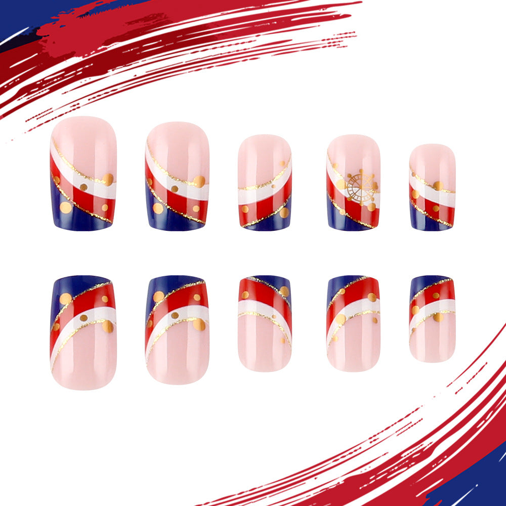 Nautical Elegance Medium Square Press On Nail Set in Pink Blue and Red with Dazzling Gold Accents