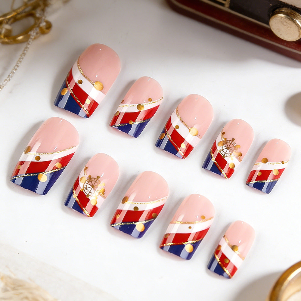 Nautical Dream Medium Square Red and Blue Press On Nail Set with Gold Accents