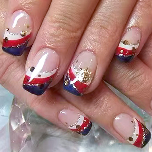 Nautical Charm Medium Square Red and Blue Gradient with Glitter Accents Press On Nail Set