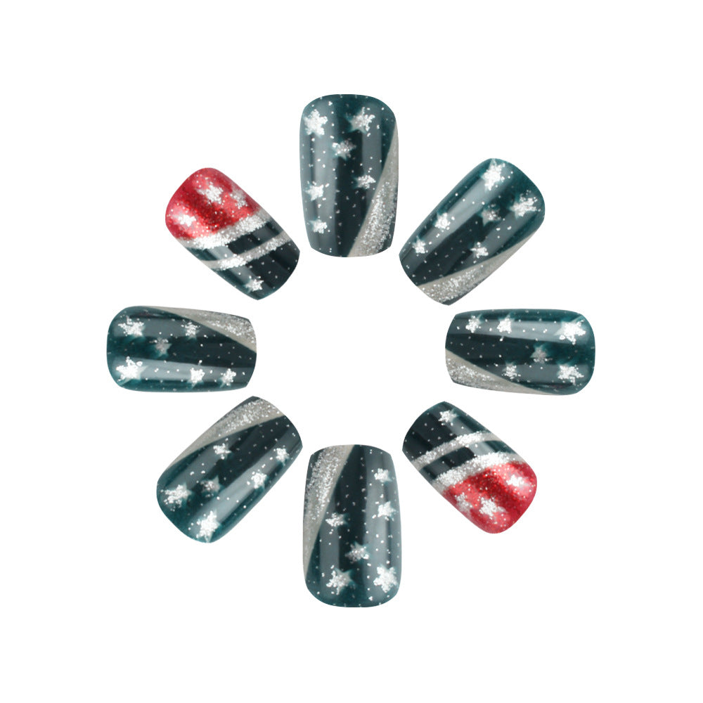 Festive Wonderland Medium Square Dark Green with Glitter Stars and Striking Red Accents Press-On Nail Set