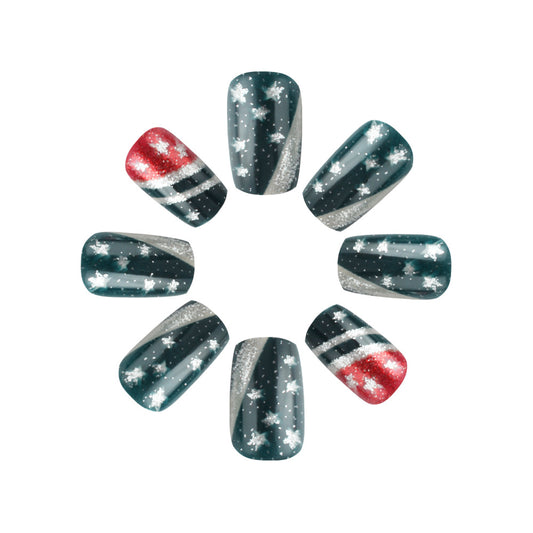 Festive Wonderland Medium Square Dark Green with Glitter Stars and Striking Red Accents Press-On Nail Set