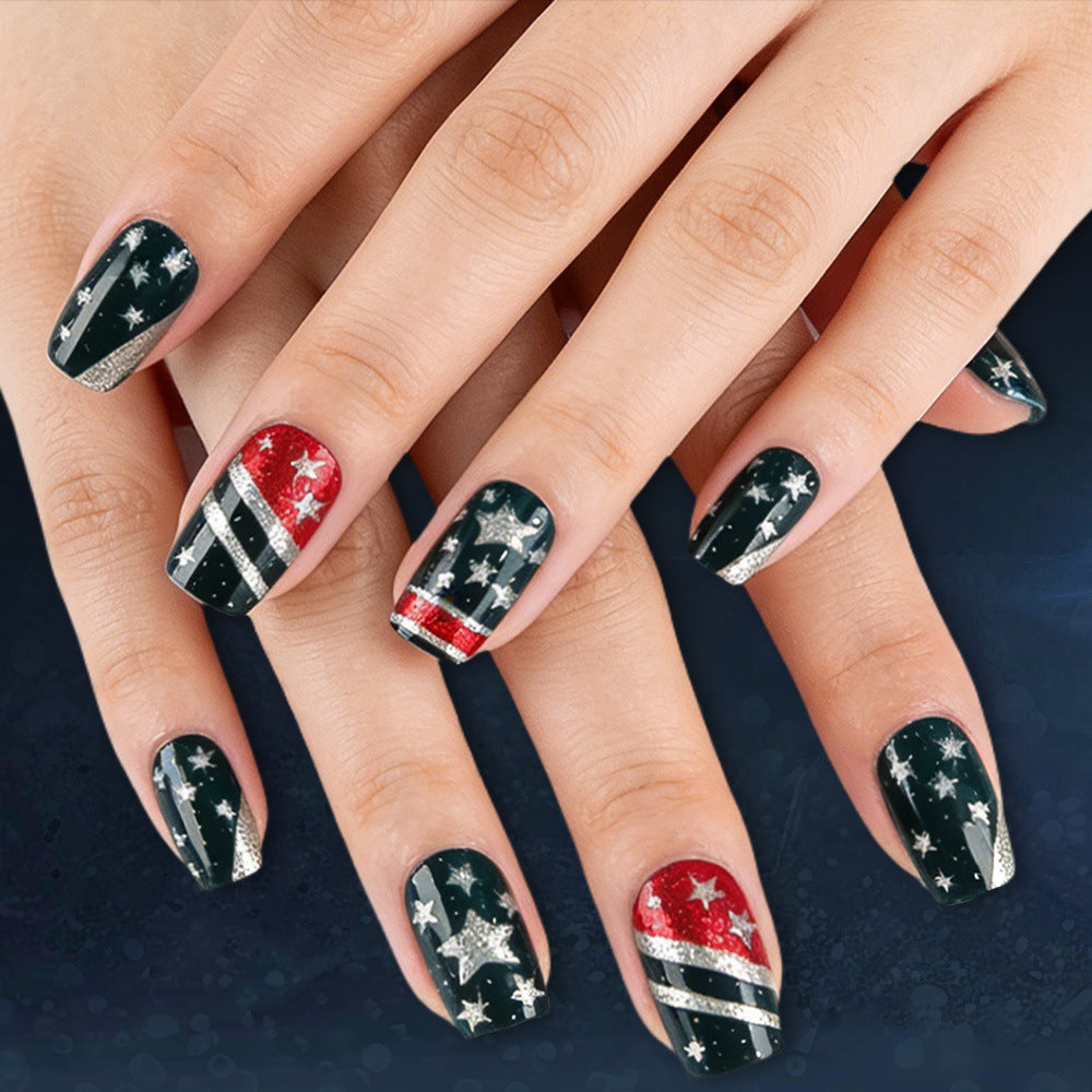 Cosmic Sparkle Medium Square Green and Red Glitter Star Press-On Nail Set