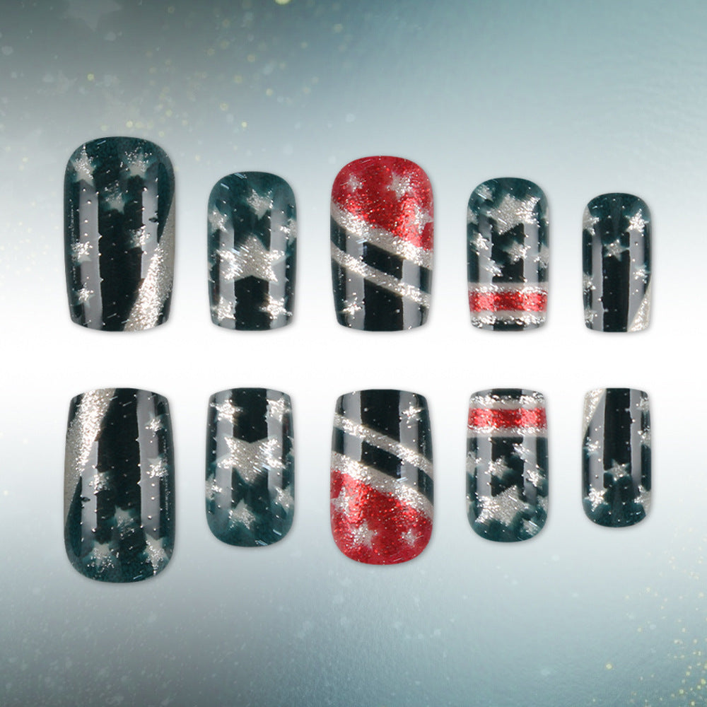 Galactic Night Press On Nail Set Medium Square Dark Green with Silver Stars and Red Accent Glitter