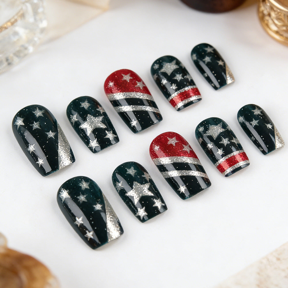 Starry Night Glamour Medium Square Dark Green and Red Metallic Star Decor Press-On Nail Set