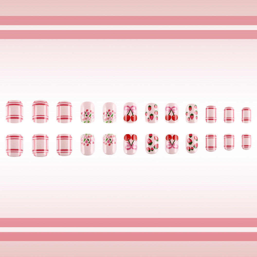 Cherry Blossom Delight Short Oval Pink Floral Press-On Nail Set with Glossy Finish