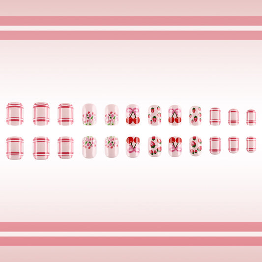 Cherry Blossom Delight Short Oval Pink Floral Press-On Nail Set with Glossy Finish