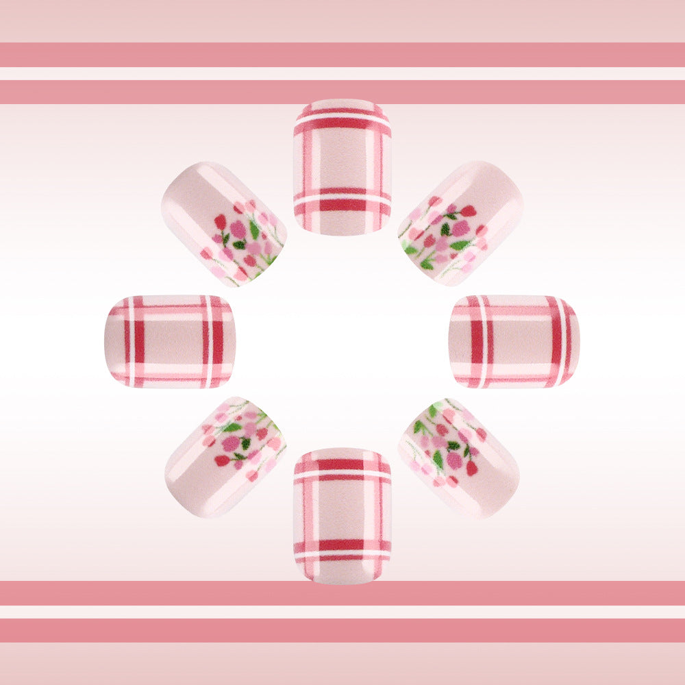 Charming Garden Essence Short Oval Pink Plaid Nail Set with Floral Accents