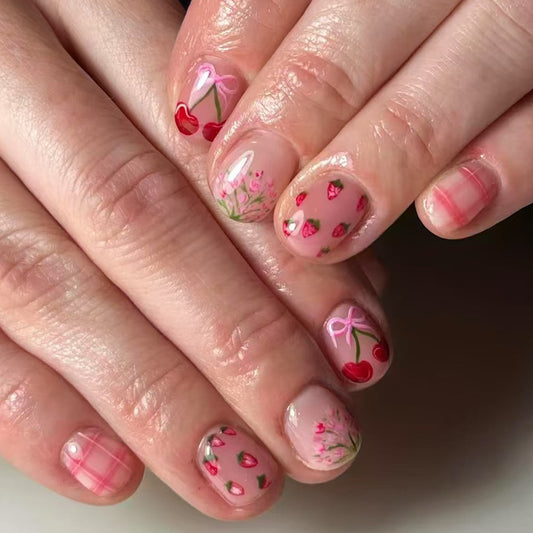 Cherry Blossom Dreams Short Oval Pink Press-On Nail Set with Floral and Fruit Designs