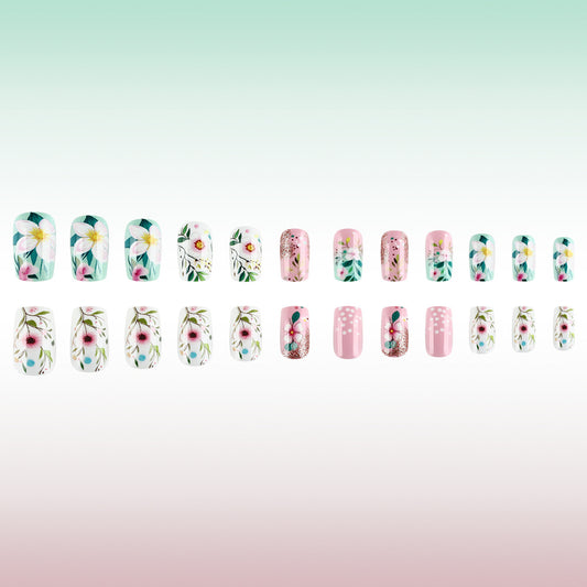 Blossom Serenity Medium Square Pastel Pink with Floral Accents Press-On Nail Set