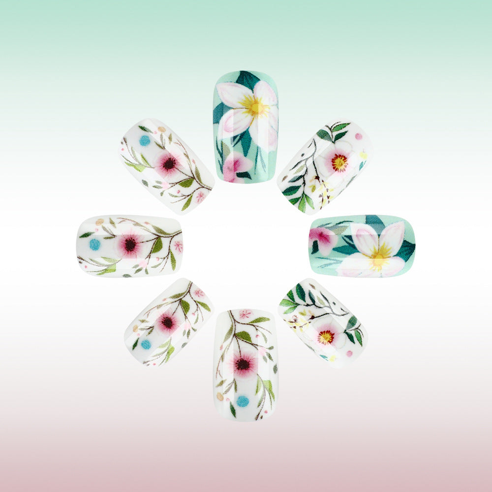 Botanical Bliss Medium Square Mint Floral Press On Nail Set with Charming Hand-Painted Design