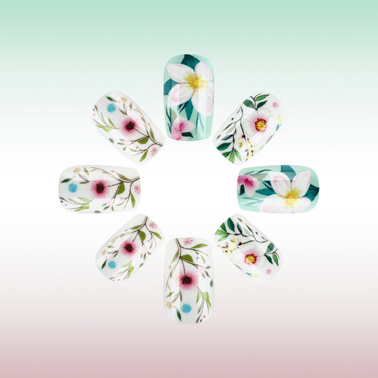 Botanical Bliss Medium Square Mint Floral Press On Nail Set with Charming Hand-Painted Design