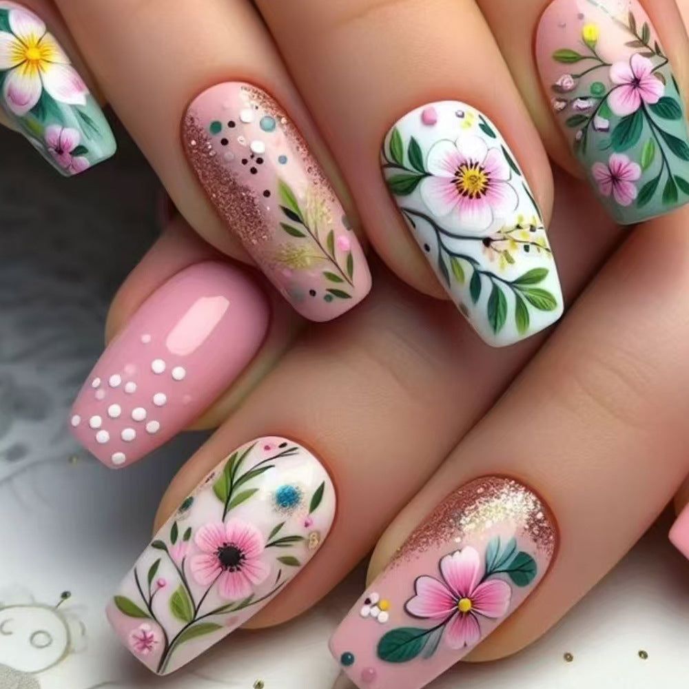 Floral Fantasy Long Square Pink Pastel with Vibrant Botanical Designs Press On Nail Set