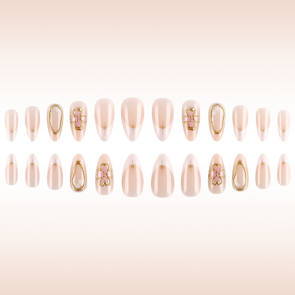Chic Blossom Dreamy Medium Almond Shaped Beige Press On Nail Set with Elegant Floral Accents