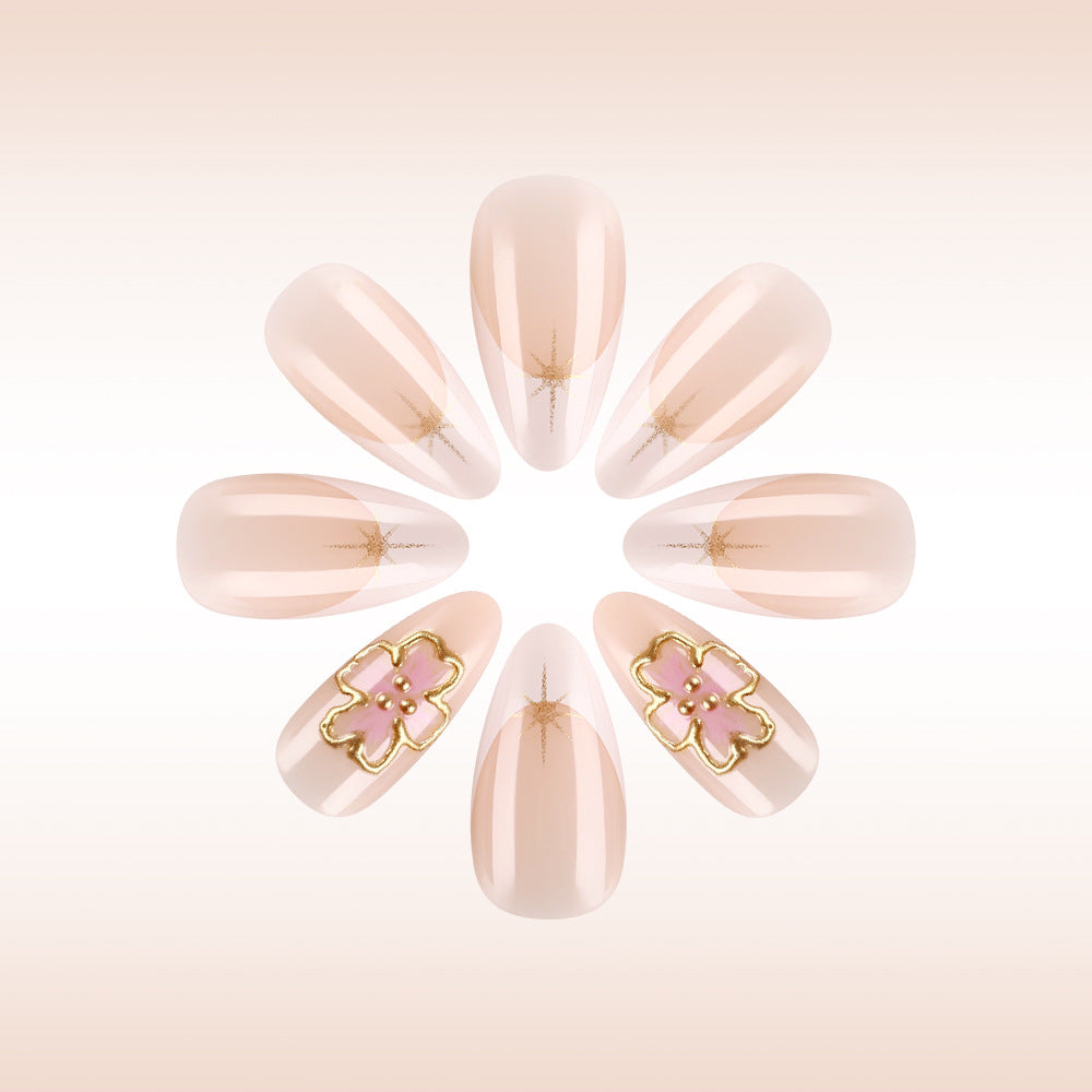 Blossom Dreams Long Almond Pink with Gold Accents Press On Nail Set