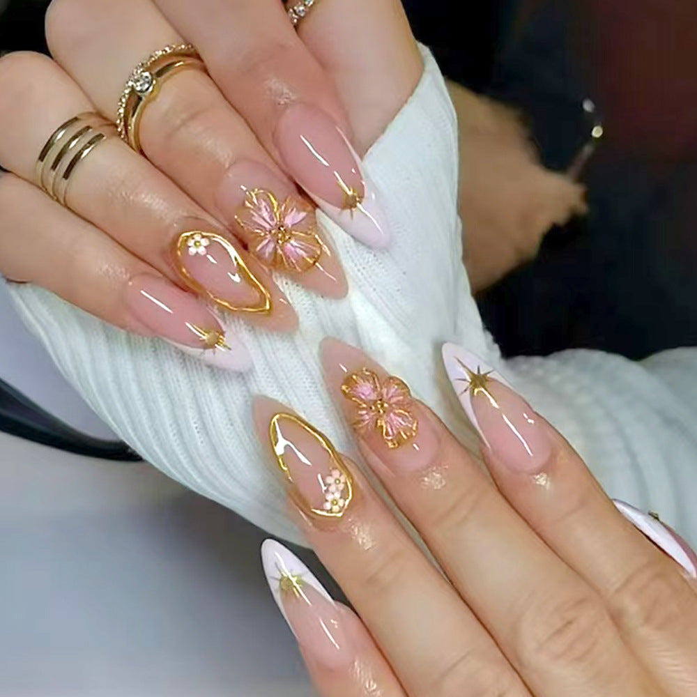 Floral Dream Long Almond Pink Press-On Nail Set with Stunning Gold Accents and Flower Embellishments