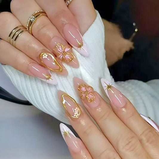 Floral Dream Long Almond Pink Press-On Nail Set with Stunning Gold Accents and Flower Embellishments