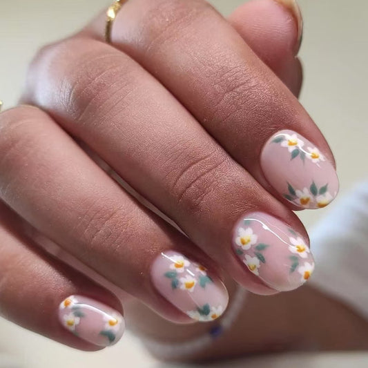 Whimsical Floral Fantasy Short Oval Shaped Soft Pink Press On Nail Set with Exquisite Hand-Painted Flower Design