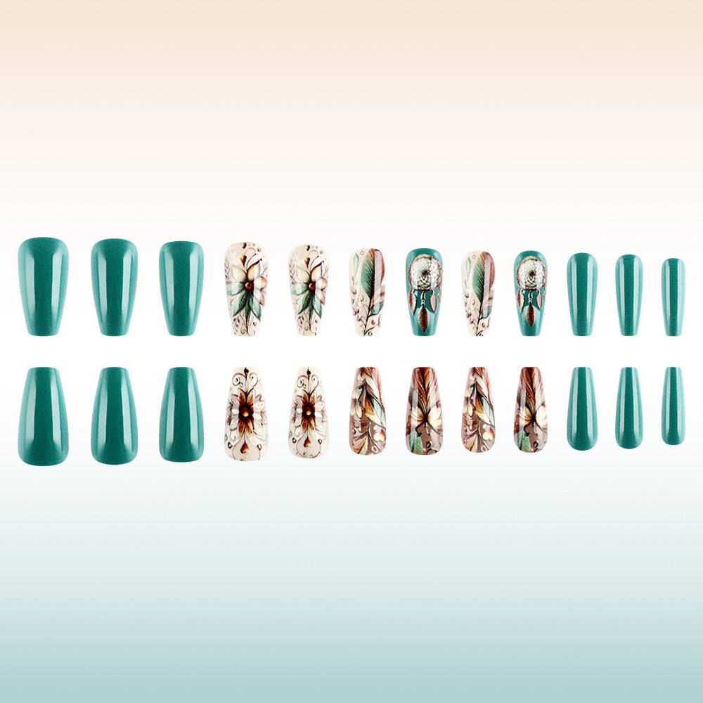 Bohemian Dream Press On Nail Set Medium Coffin Teal with Floral Art Details