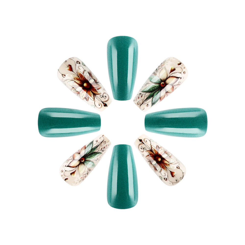 Tropical Oasis Medium Length Coffin Shaped Teal Press On Nail Set with Floral Artistry