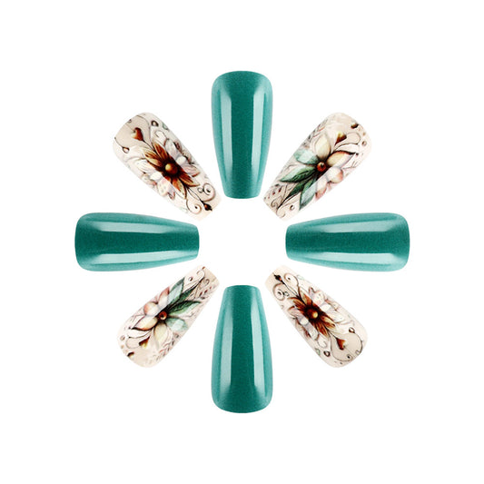 Tropical Oasis Medium Length Coffin Shaped Teal Press On Nail Set with Floral Artistry