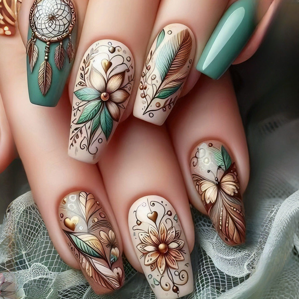 Dreamy Forest Vibes Medium Coffin Green and Beige Ombre with Intricate Floral and Feather Designs Nail Set