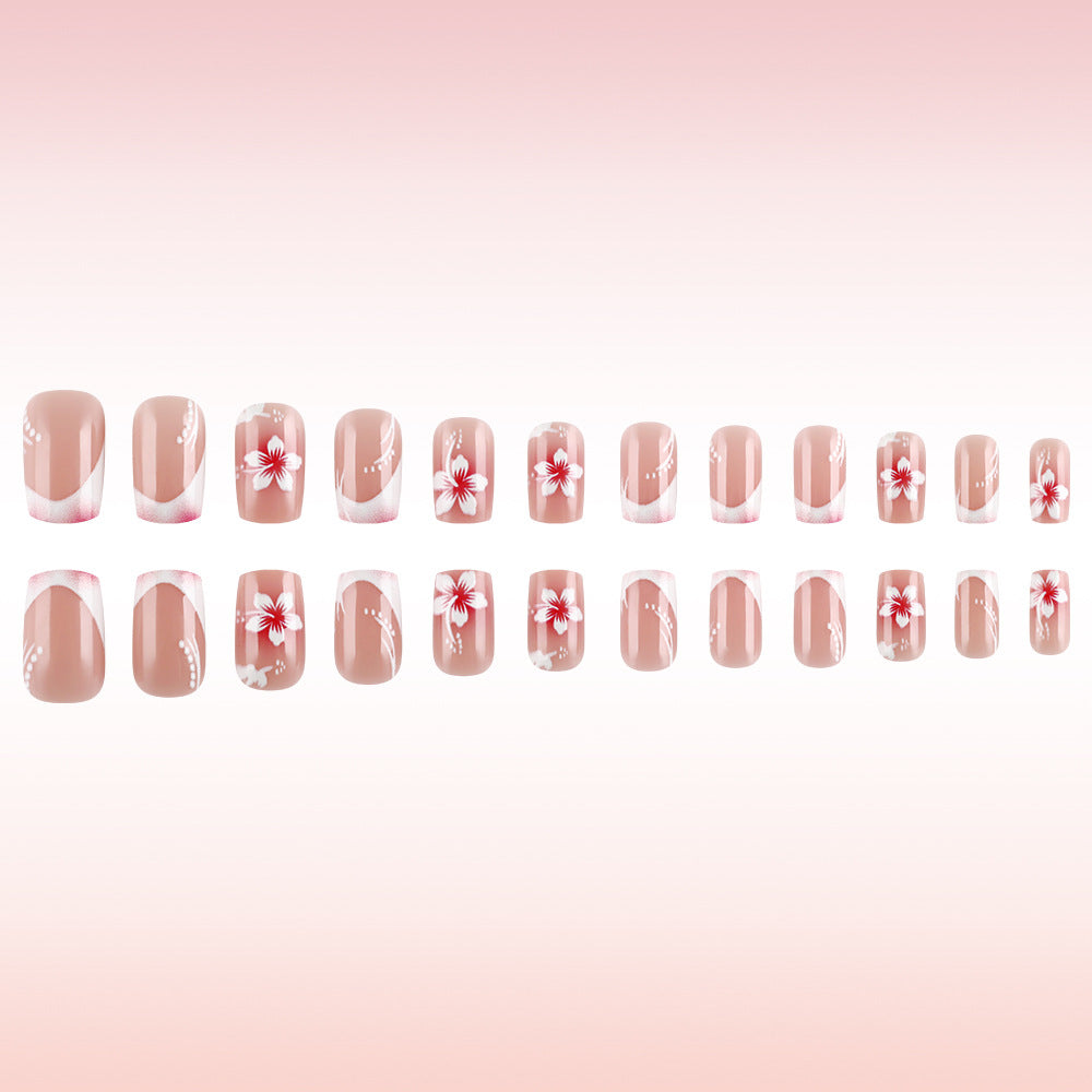 Tropical Blossom Elegant Medium Square Beige Press On Nail Set with Floral Accents