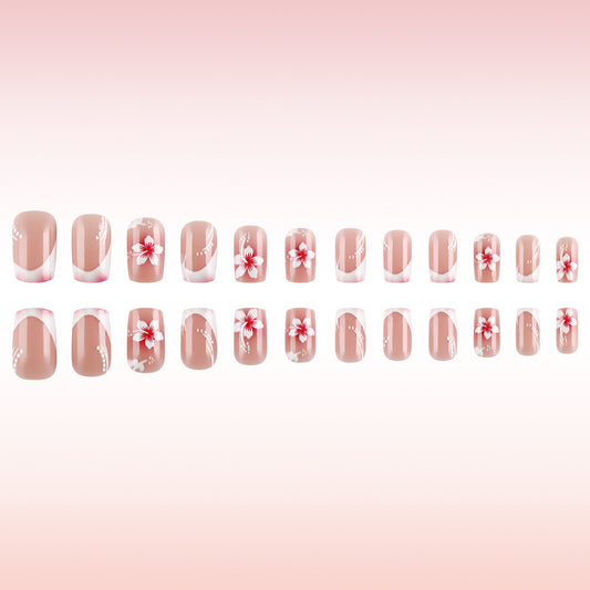 Tropical Blossom Elegant Medium Square Beige Press On Nail Set with Floral Accents