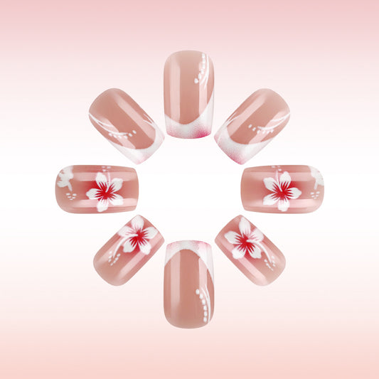 Tropical Paradise Press On Nail Set Medium Square Blush Pink with Elegant Floral Design