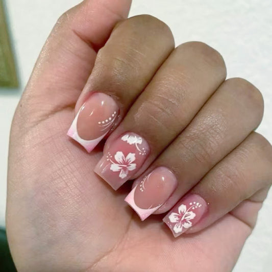 Tropical Blossom Elegant Medium Square Pink Ombre Press On Nail Set with Floral Design