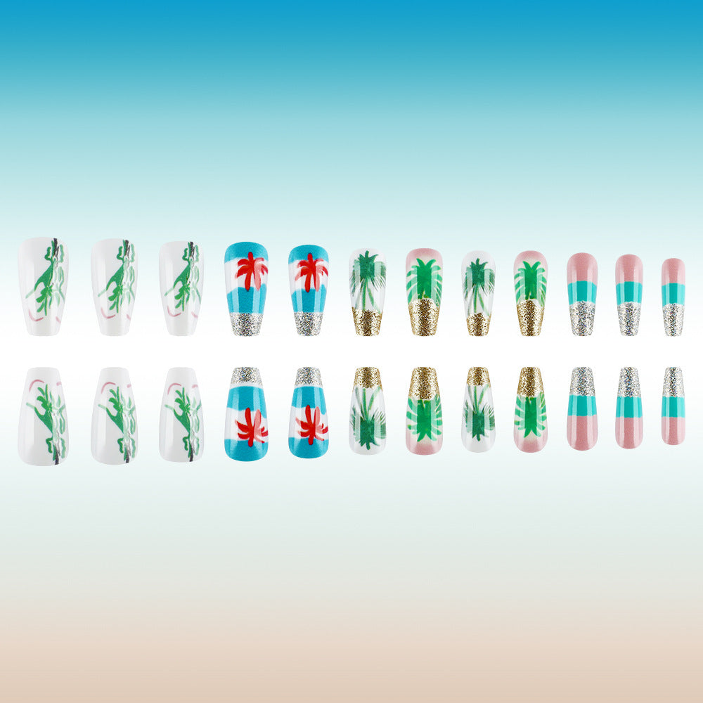 Tropical Paradise Long Coffin Multi-Color Press-On Nail Set with Glitter and Palm Tree Designs