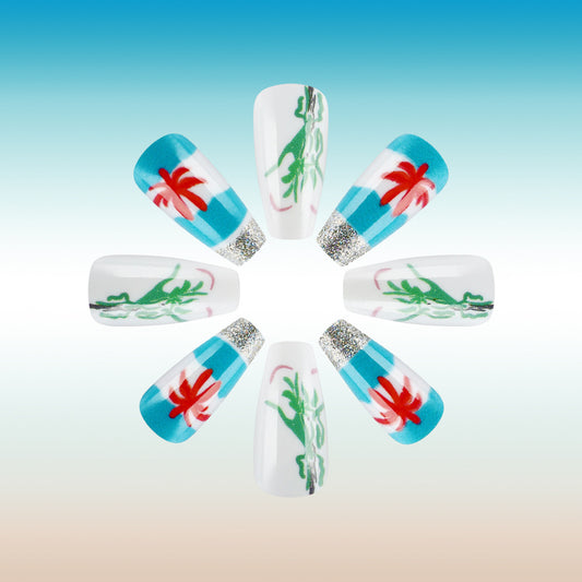 Tropical Bliss Long Coffin White and Blue Press-On Nail Set with Elegant Floral Design