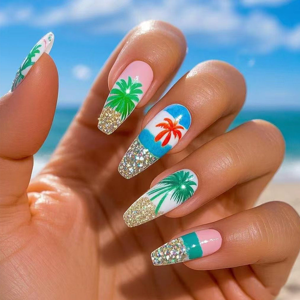 Tropical Paradise Long Coffin Shaped Long Pink and Blue Press On Nail Set with Glitter Palm Tree Design