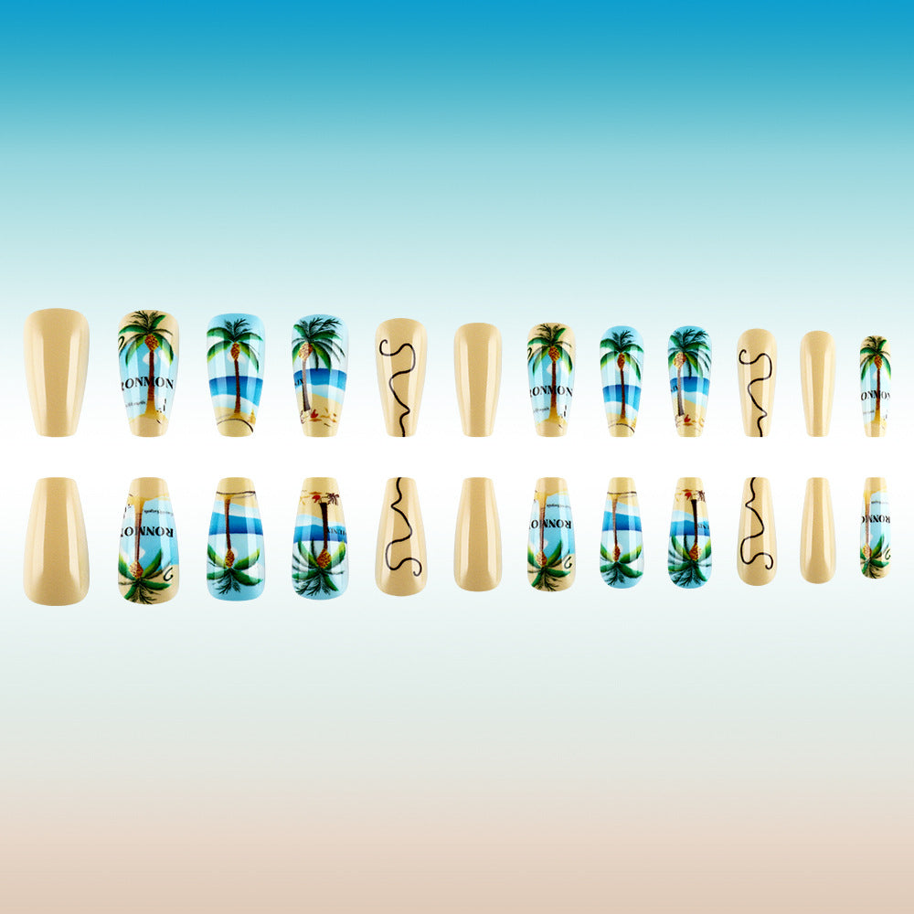 Tropical Paradise Medium Coffin Beige with Palm Tree Artwork Press On Nail Set