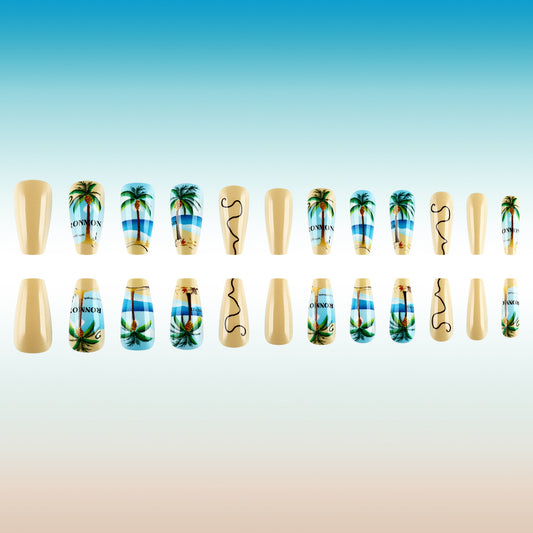 Tropical Paradise Medium Coffin Beige with Palm Tree Artwork Press On Nail Set