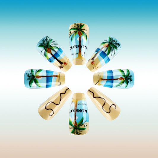 Tropical Paradise Medium Coffin Shaped Blue and Yellow Press On Nail Set with Palm Tree Graphic Design